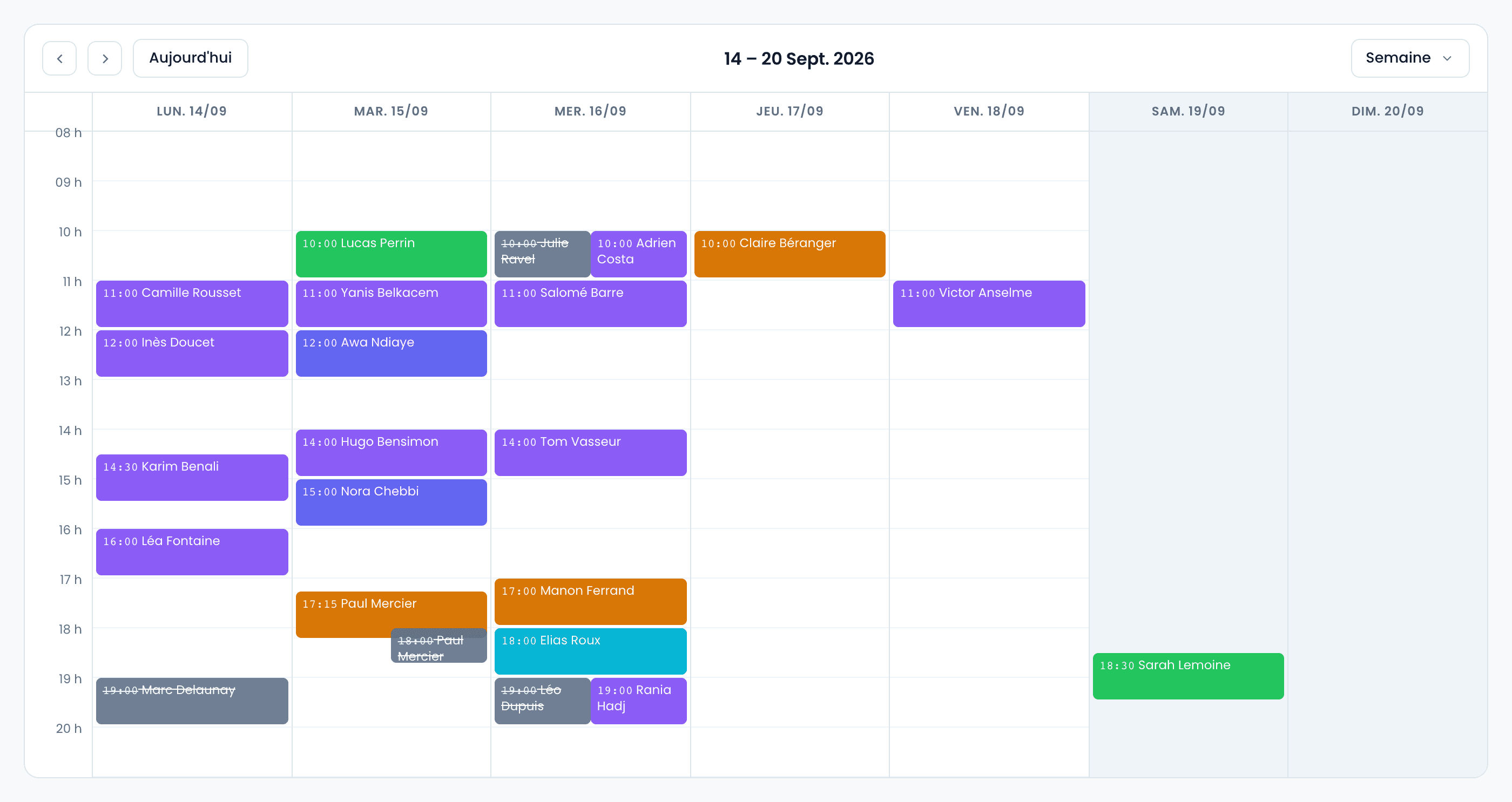 L'agenda de la semaine, chaque rendez-vous coloré selon son statut.