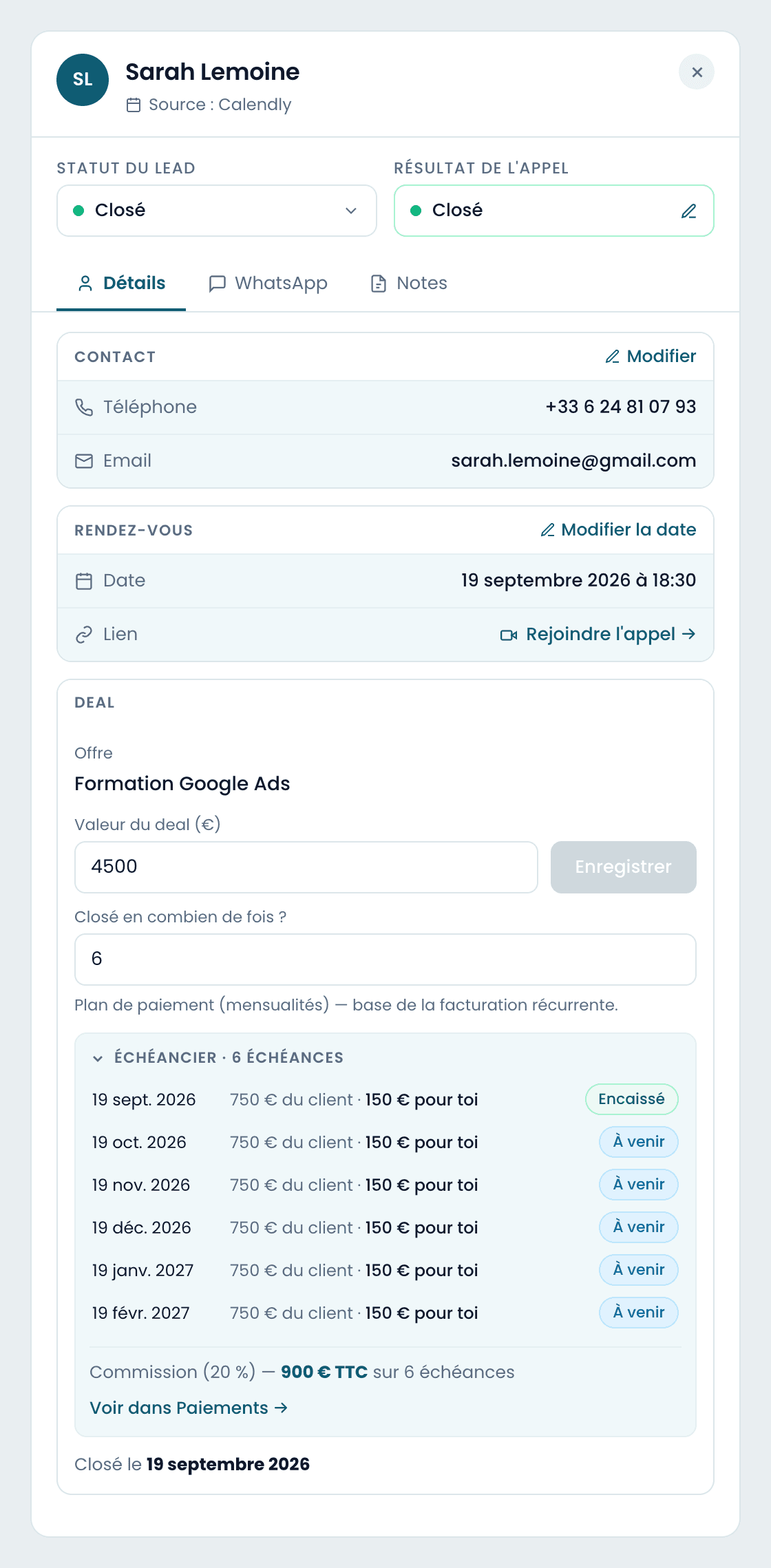 La fiche d'un lead closé : contact, rendez-vous, offre, échéancier et commission.